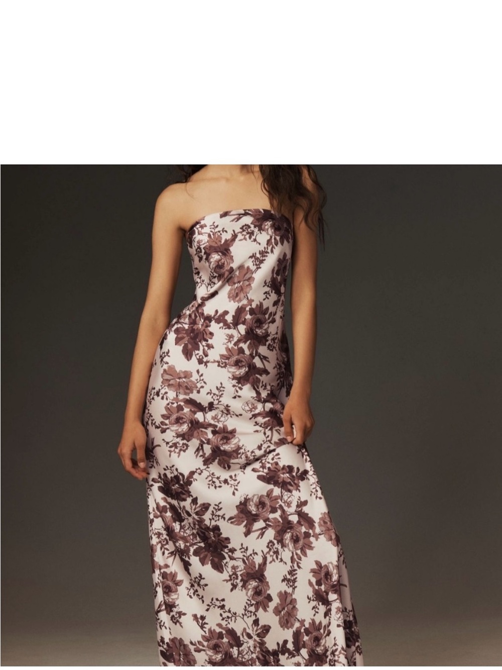BHLDN Strapless Floral Satin Maxi Dress in Mauve and Cream